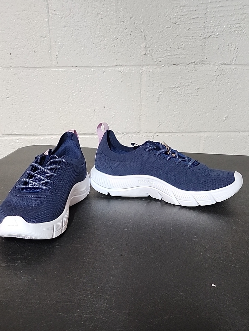 adidas Women’s Navy Knit Slip-On Sneakers with White Sole and Pink Heel Tab